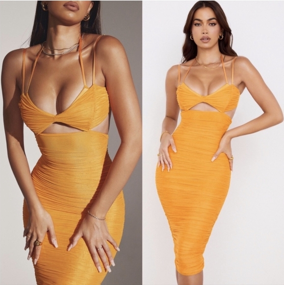 HOUSE OF CB Tibi Dress Tangerine Orange Ruched Cut Out Midi XS - Picture 1 of 14